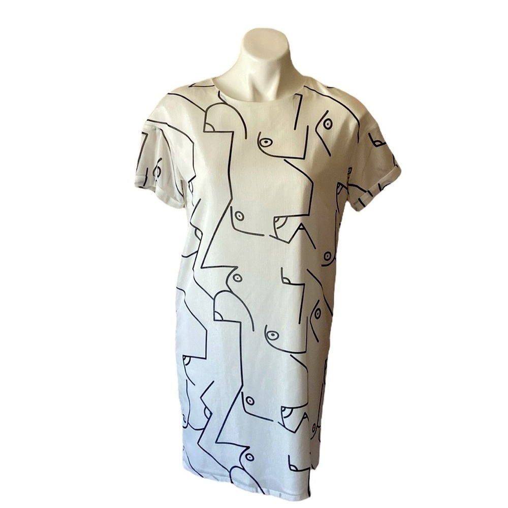Romeza Women’s White & Black Abstract Short Sleeve Dress Size Medium Above Knee